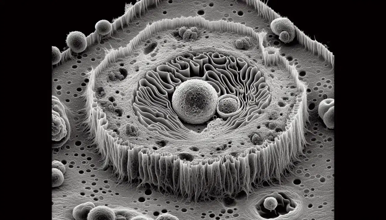 Micrografia elettronica di trasmissione che mostra sezione di cellula eucariotica con nucleo, nucleolo, reticolo endoplasmatico, apparato di Golgi e mitocondri.