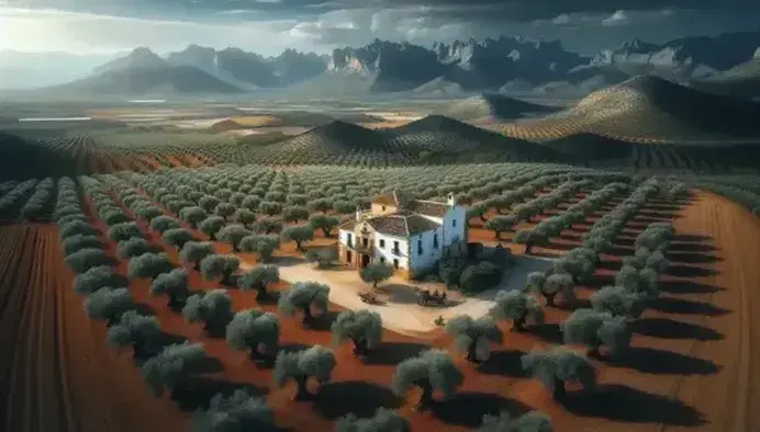 Paesaggio spagnolo con ulivi, masia tradizionale, fiori, montagne innevate sullo sfondo e persone che lavorano la terra.