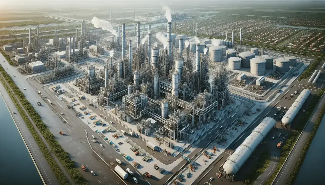 Vista aérea de complejo industrial con estructuras metálicas, chimeneas humeantes, carreteras con vehículos y áreas de almacenamiento, rodeado de vegetación.