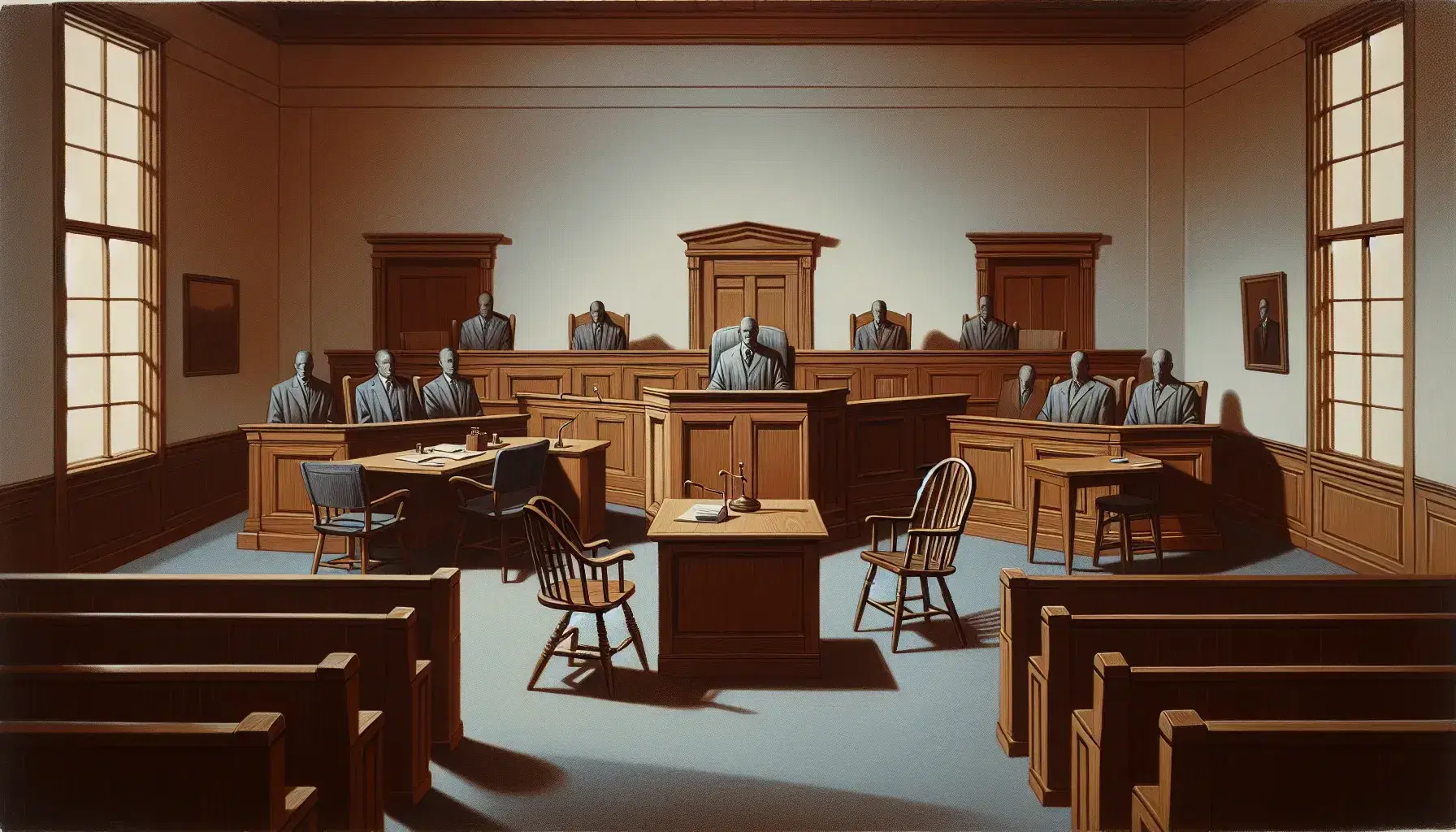 Empty courtroom interior with judge's bench, witness stand, jury box, defense and prosecution tables, recessed lighting, and closed window blinds.