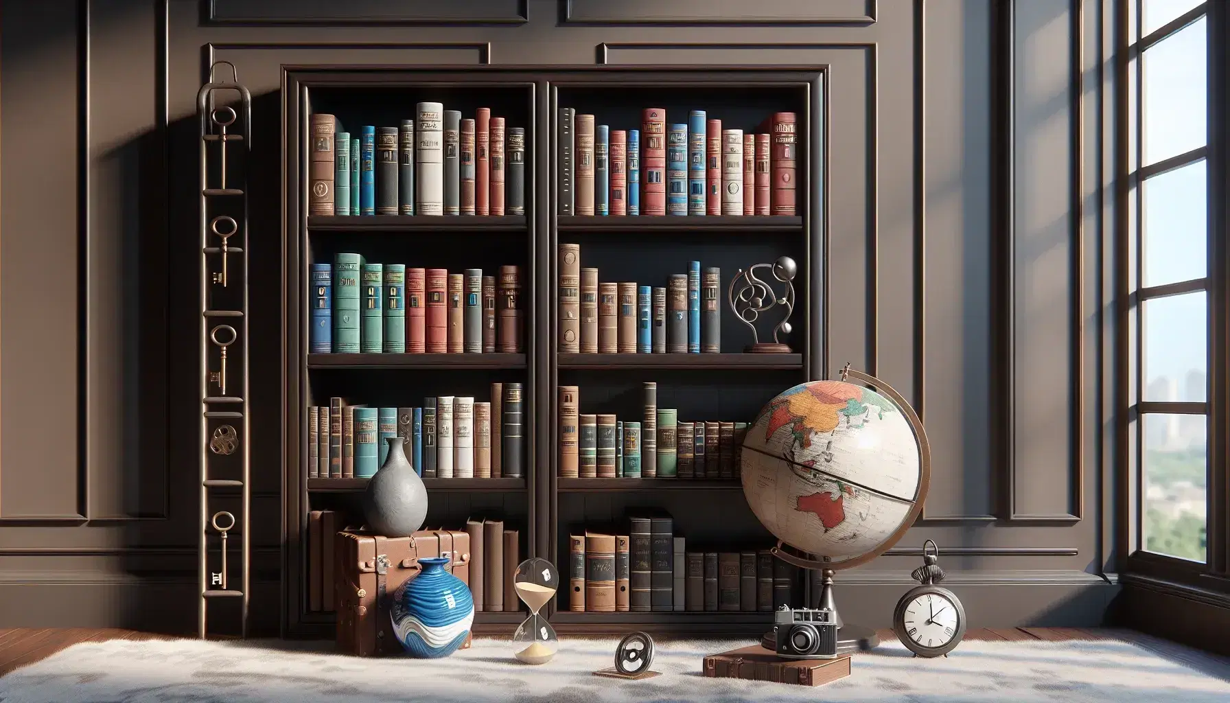 Estantería de madera con libros de tapa dura, modelo de casa con techo rojo, llave metálica, jarrón azul, cámara antigua, globo terráqueo y reloj de arena sobre alfombra gris.