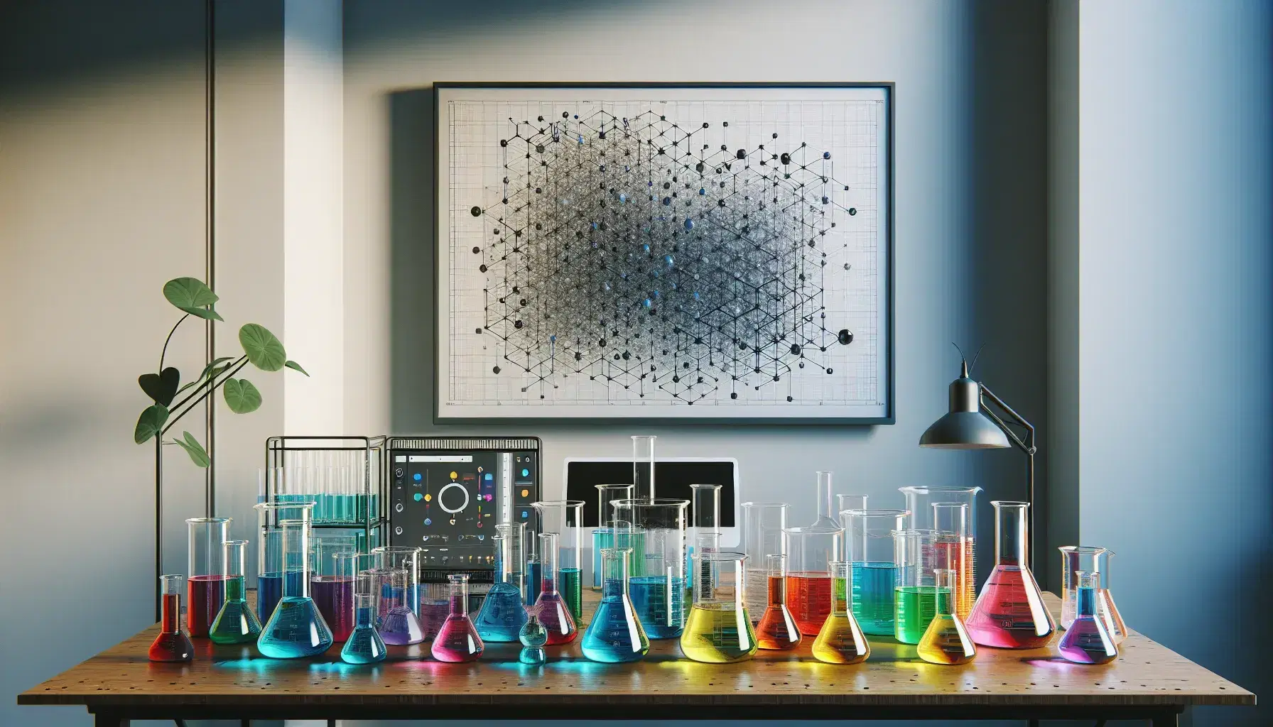Neat workbench with glass beakers containing colored liquids in ascending order, modern computer and green plant.