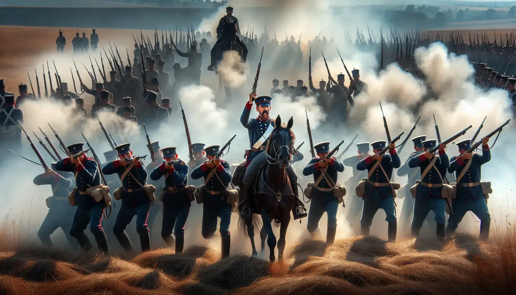 Soldati in uniforme blu e pantaloni rossi in formazione con fucili e baionette tra fumo di polvere da sparo, cavaliere con spada e tende sullo sfondo.