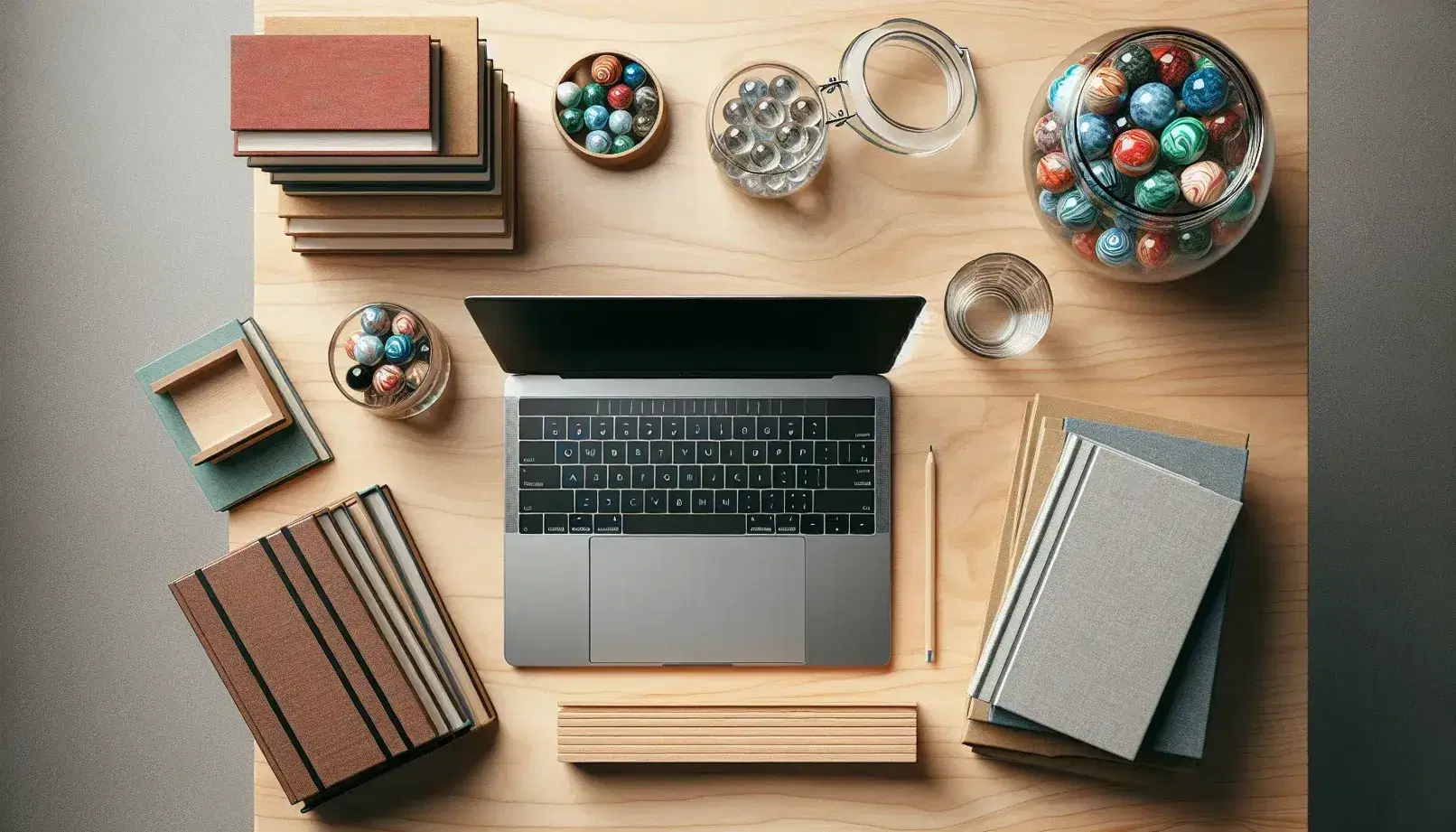 Light wooden desk with open laptop, jar of colorful marbles, stacked books, green plant and wireless mouse on gray mat.