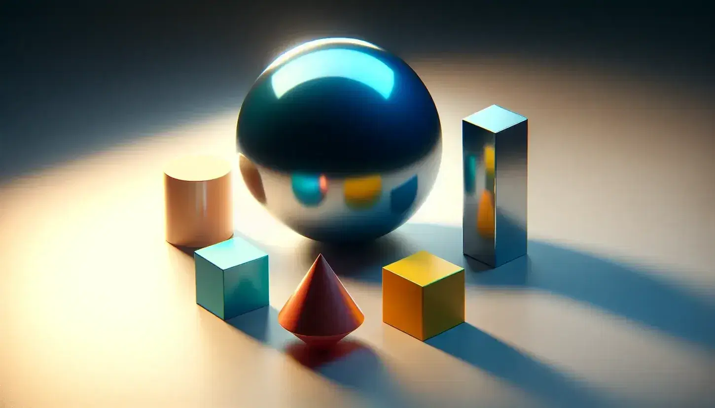 Solidi geometrici colorati su superficie riflettente con ombre, inclusi sfera blu, cilindro rosso, cono giallo, cubo verde e piramide arancione.