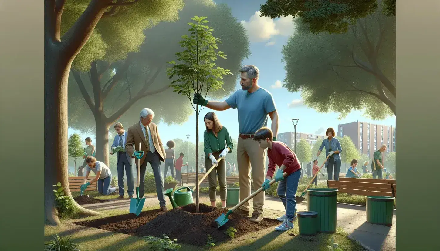 Gruppo multietnico pianta alberi in parco cittadino, uomo scava mentre bambini e adulti collaborano nell'inverdimento.