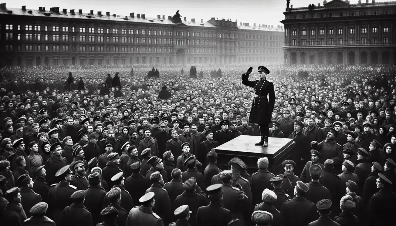 Folla attenta in piazza con uomo in uniforme militare che saluta su palco, edifici europei in sfondo, scena in bianco e nero.