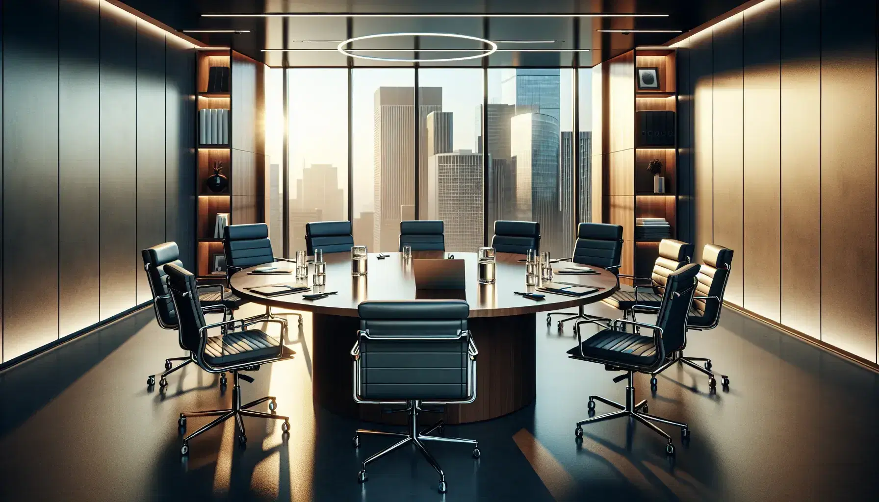 Modern conference room with oval wooden table, high-back leather chairs, laptops, water pitchers, and notepads, overlooking a cityscape at sunset.