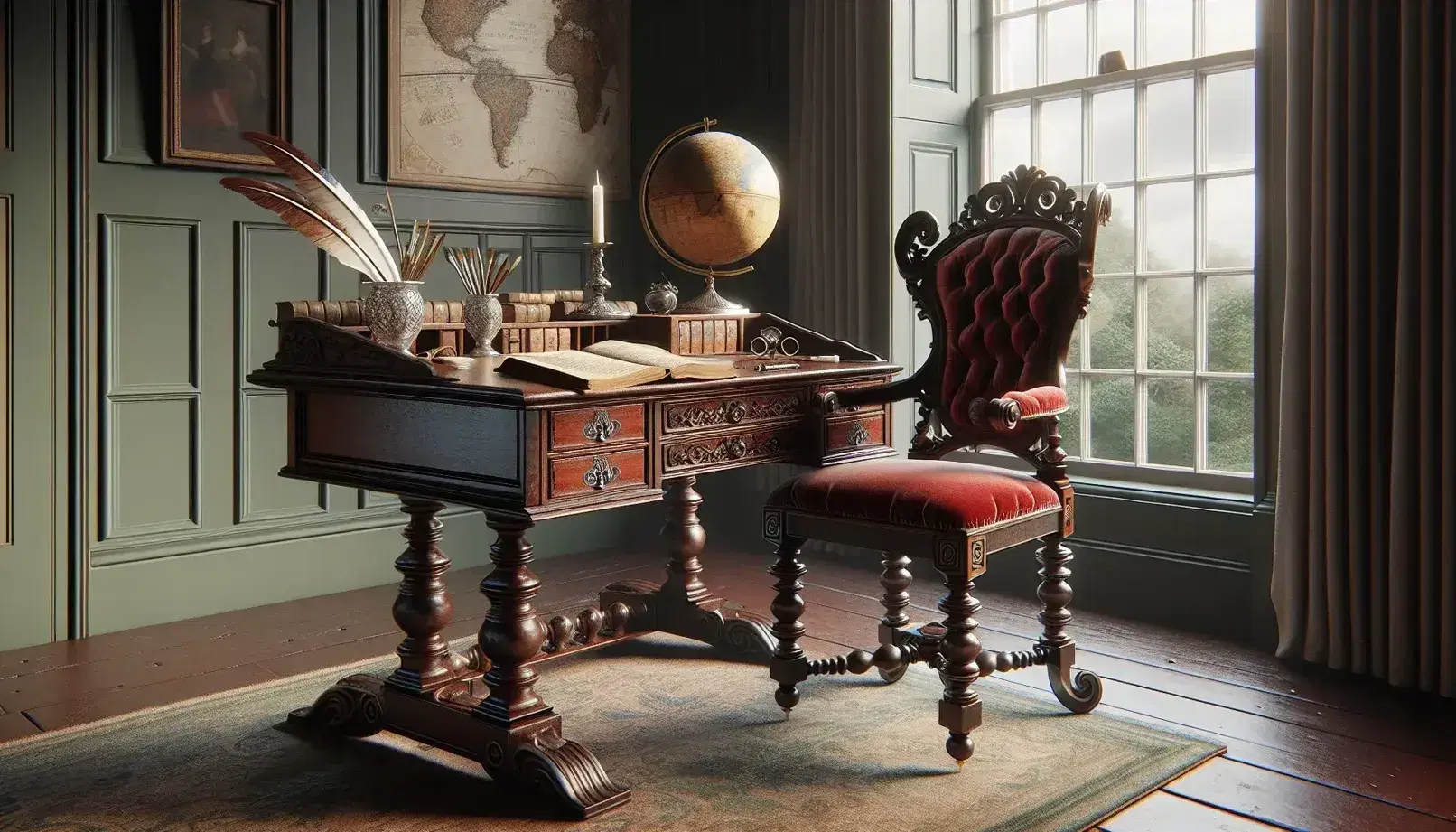 Vintage study with mahogany desk, antique book, inkwell and glasses, padded chair, globe and view of a green garden.