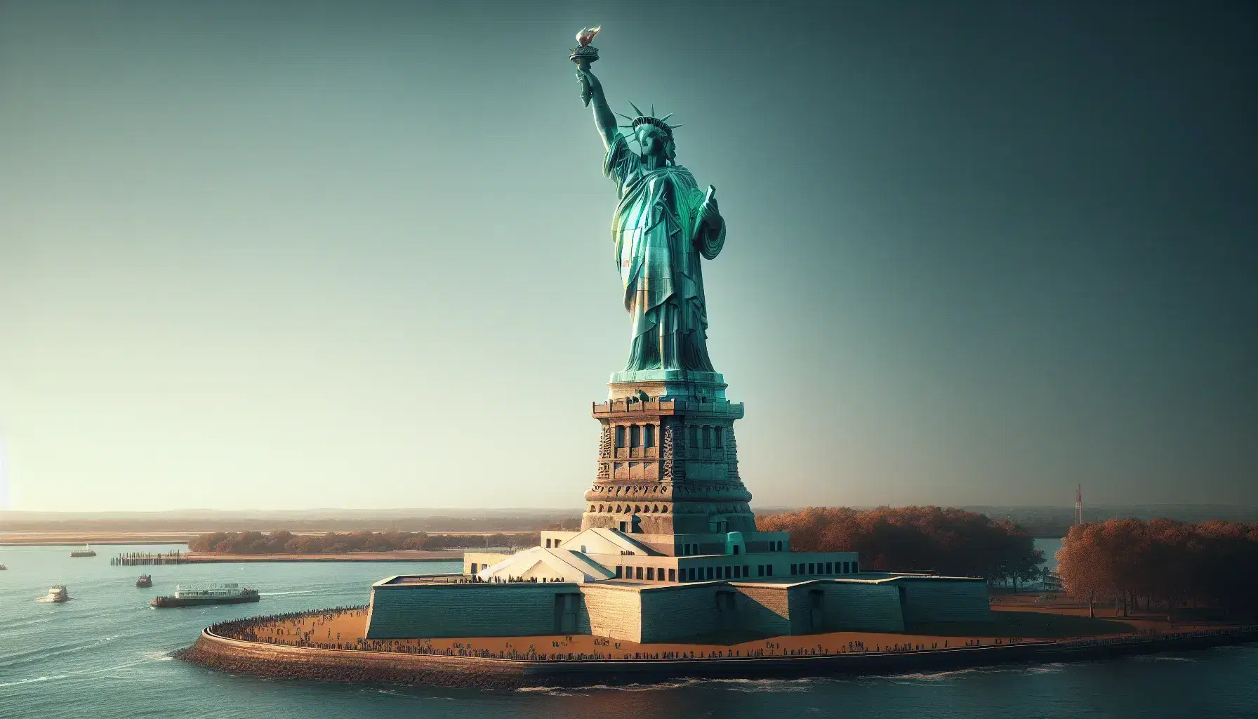 Statue of Liberty profile against blue sky, sunlit copper-green patina, raised torch, and visitors at base on calm harbor day.