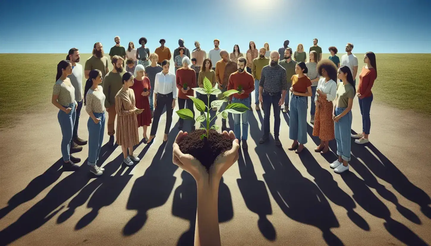 Grupo diverso de personas en círculo al aire libre observando atentamente una planta joven sostenida por manos humanas, bajo un cielo azul despejado.