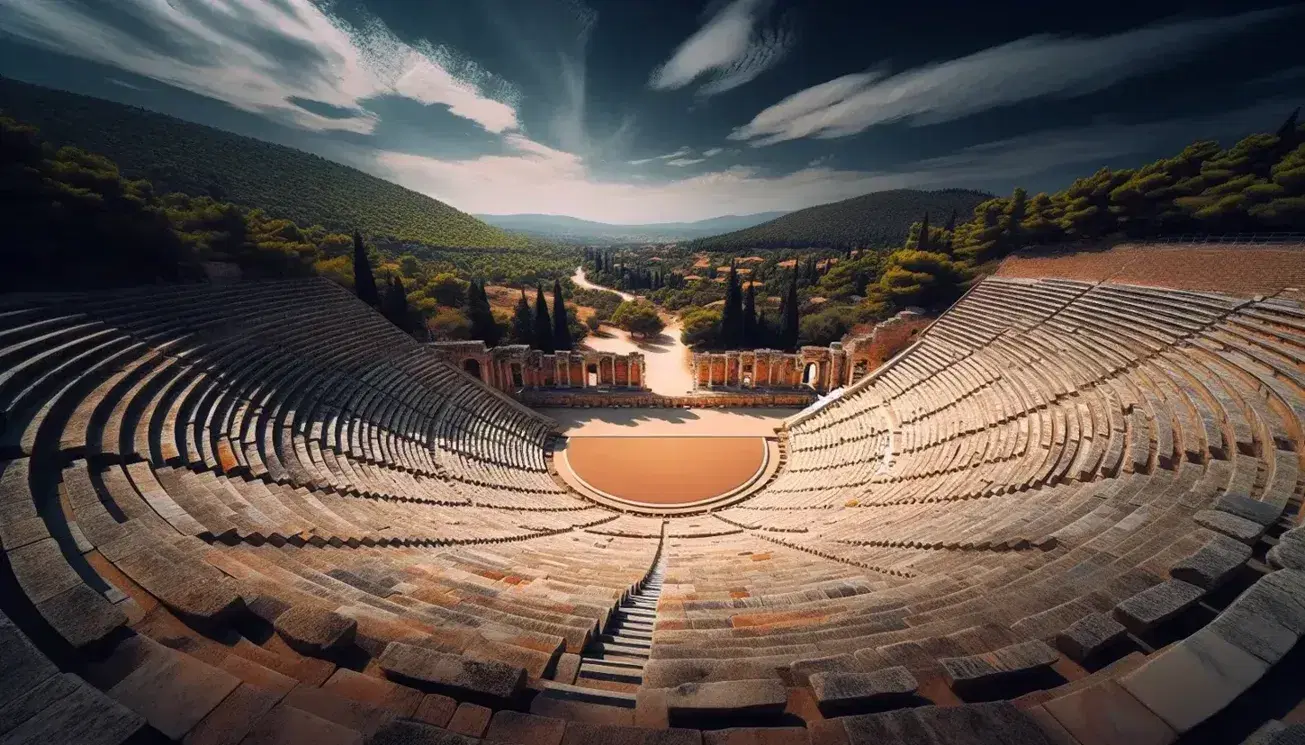 Teatro antico di Epidaurus in Grecia con gradinate concentriche in pietra chiara, orchestra terrosa e cielo azzurro limpido.