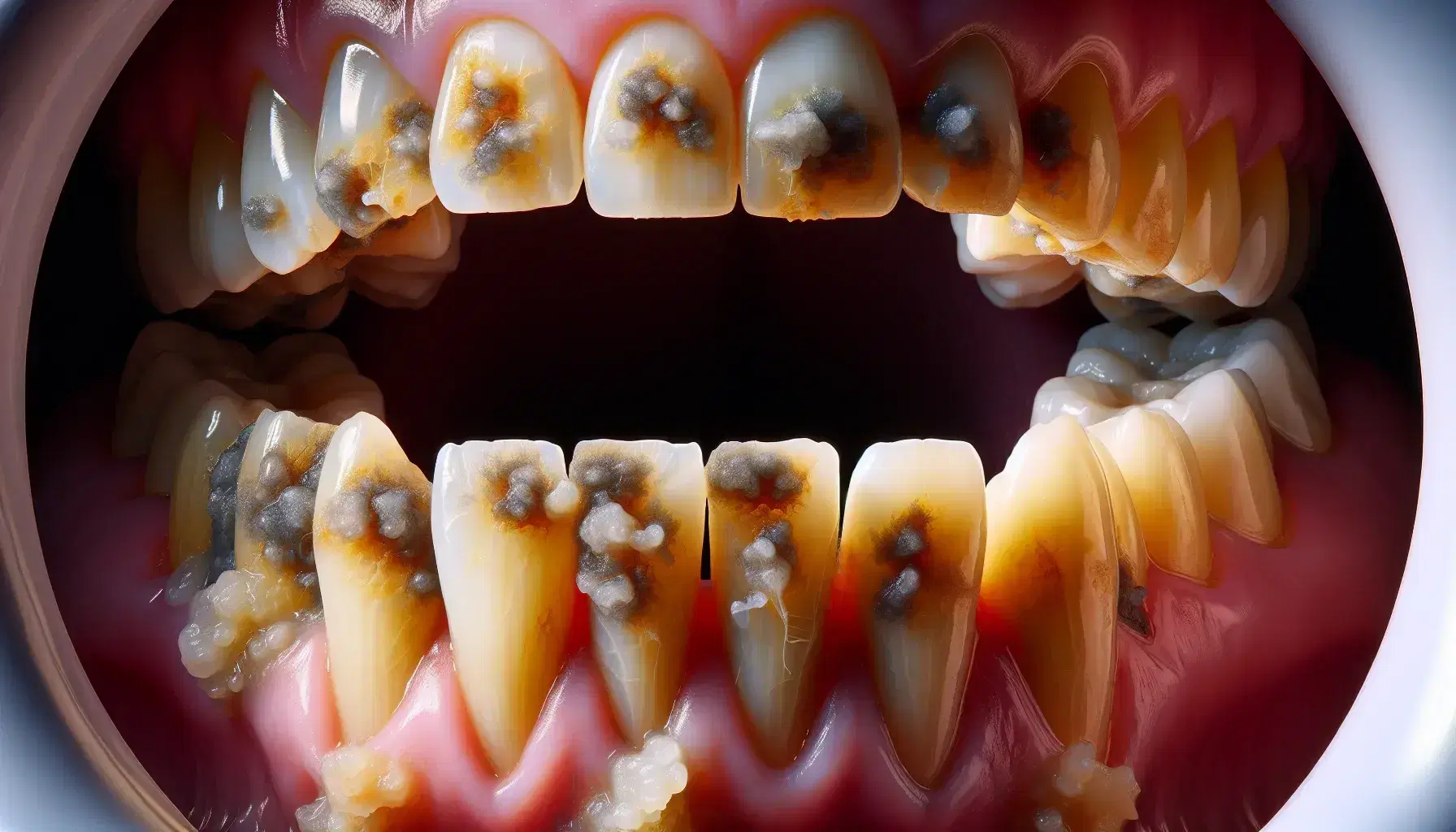 Dentadura inferior con acumulación de sarro en molares y premolares, tonos amarillo-marrón y encías rosadas ligeramente inflamadas.