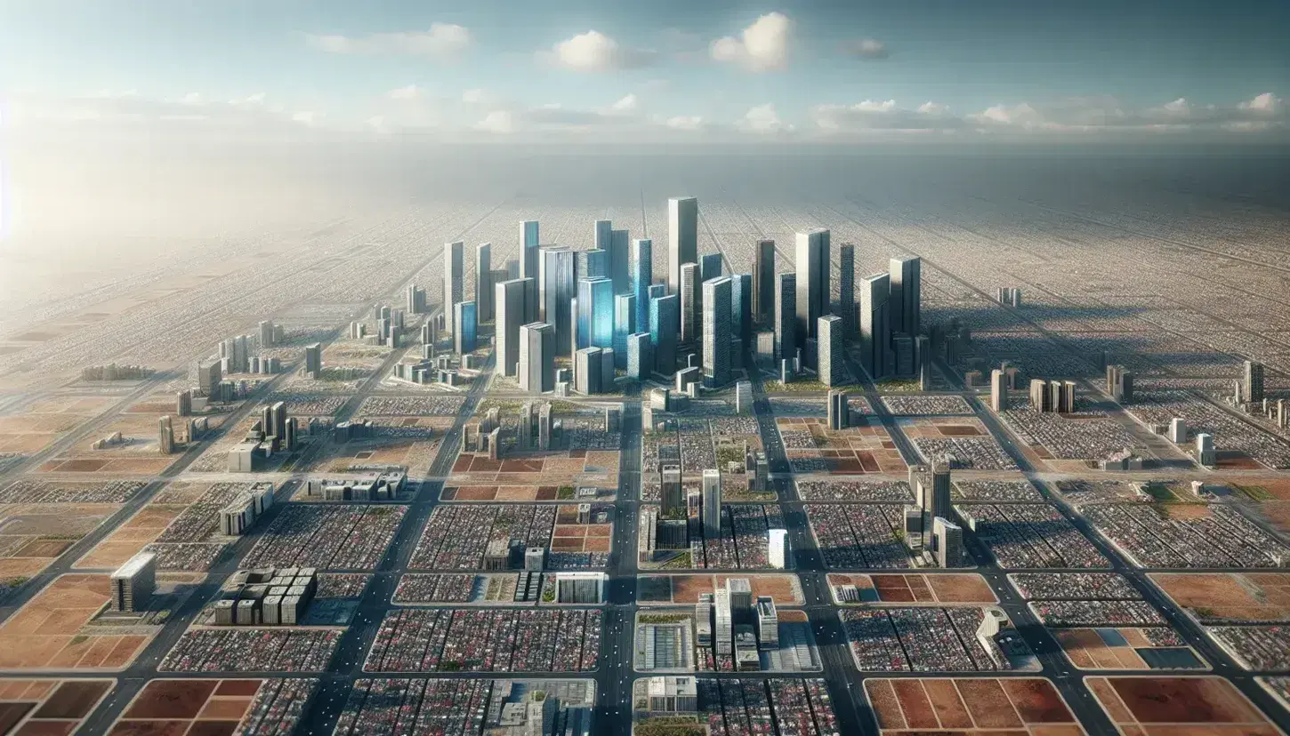 Vista aérea de una ciudad en expansión con rascacielos centrales, calles en cuadrícula, zonas residenciales con tejados rojizos y áreas en desarrollo.
