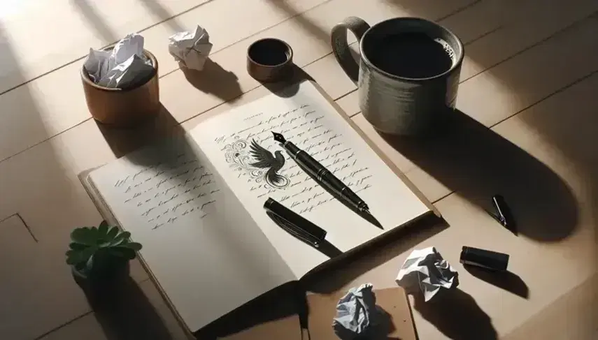Mesa de madera clara con cuaderno abierto, bolígrafo negro, hojas arrugadas, taza de café humeante y planta verde en maceta.