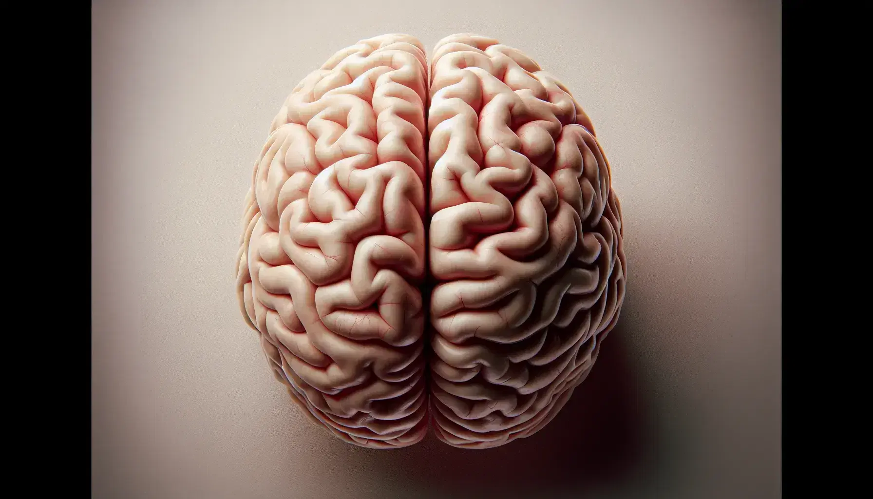 Vista superior de un cerebro humano realista destacando sus surcos y giros en tonos rosados y rojizos sobre fondo neutro.