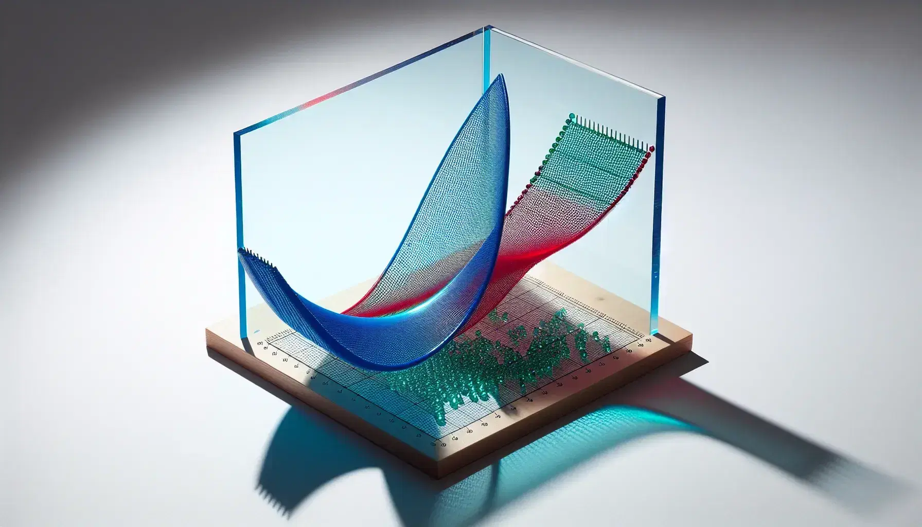 Transparent graphing surface with blue upward parabola and red downward parabola, green beads filling the space between curves on a white background.