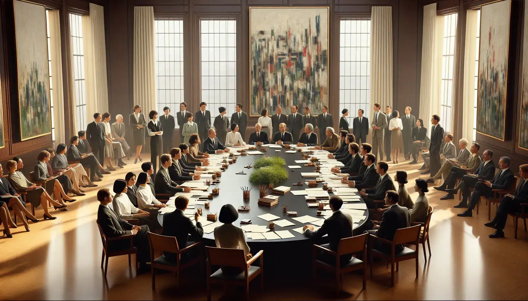 Grupo diverso de personas en reunión formal alrededor de una mesa ovalada con documentos y ventanas que dejan pasar luz natural.