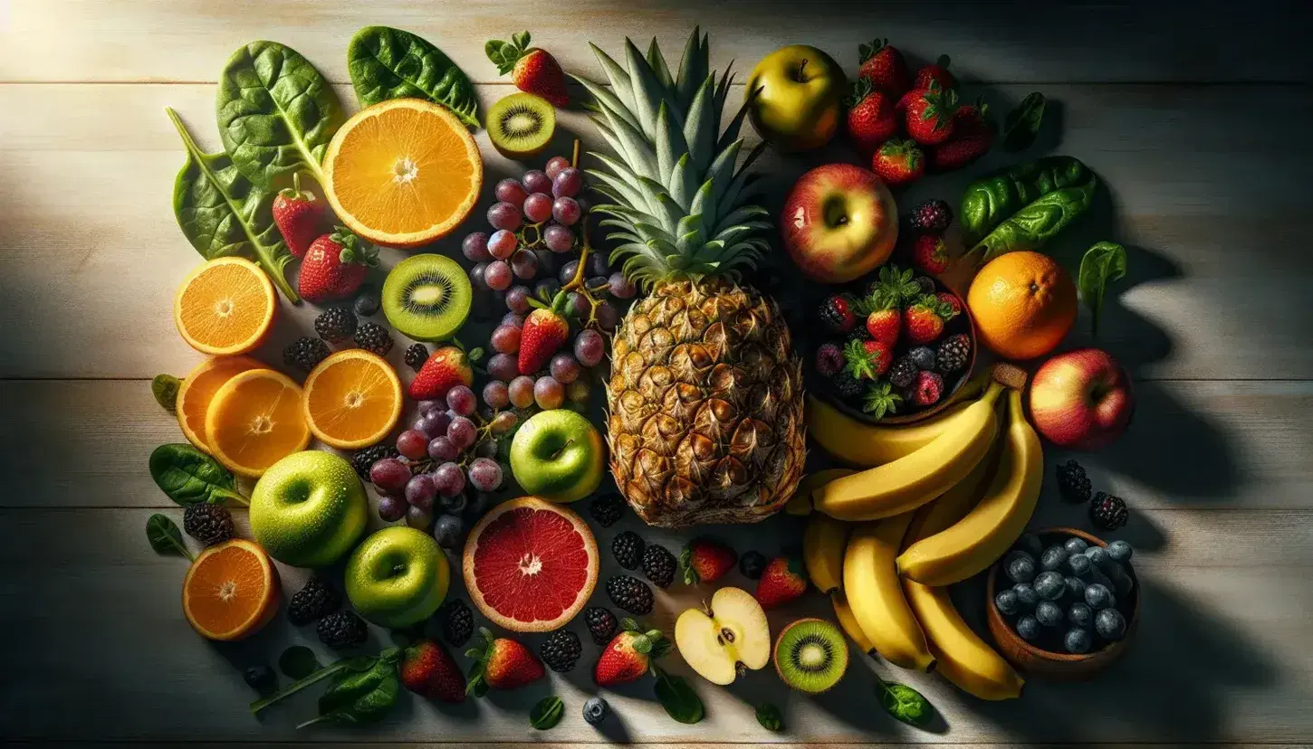 Variedad de frutas y verduras frescas sobre superficie de madera clara, con piña central, uvas, naranjas, manzanas, bananas maduras y fresas rojas, iluminadas por luz natural.