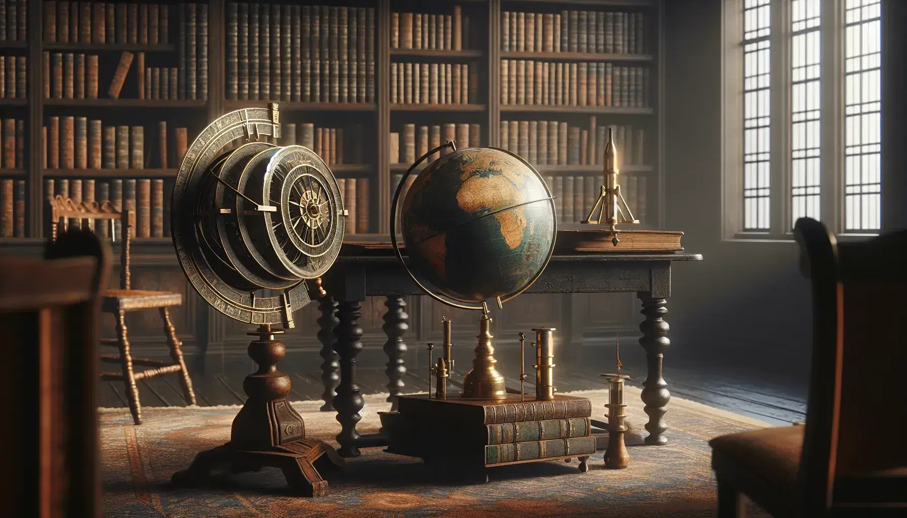 Biblioteca antigua con mesa de madera oscura, globo terráqueo, astrolabe de bronce, telescopio sobre trípode y estantes con libros variados.