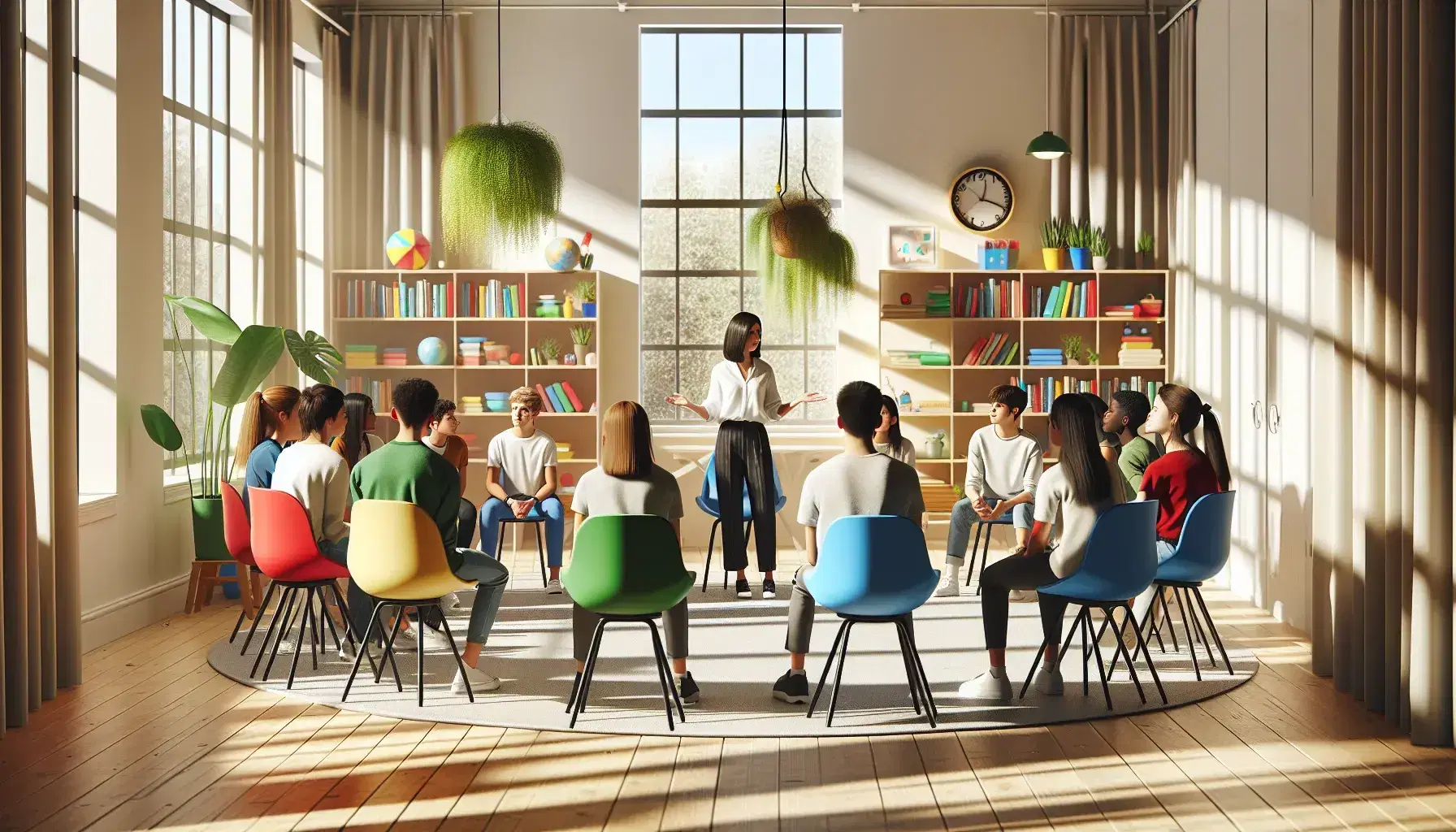 Aula scolastica colorata con studenti di varie etnie seduti su sedie ergonomiche attorno a insegnante che gestisce dialogo inclusivo, senza testi visibili.