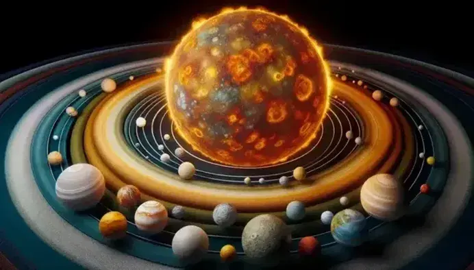Realistic model of the solar system with Sun in the center, colorful planets in order and asteroid belts on a starry background.
