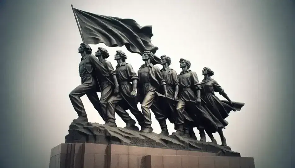 Monumento de bronce con seis jóvenes en poses heroicas, el central sostiene una bandera ondeante, sobre base de piedra gris, rodeados de vegetación difusa.