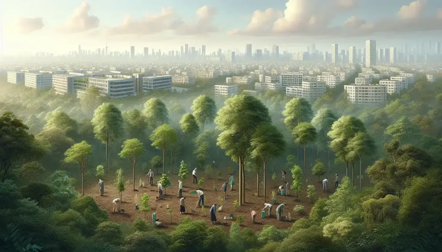 Paisaje natural con reforestación en primer plano, personas plantando árboles y ciudad con edificios bajos al fondo en día claro.