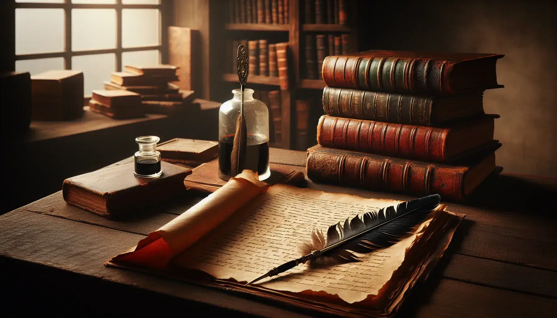 Scrivania antica in legno scuro con foglio ingiallito, penna d'oca e calamaio, libro rilegato in pelle e sfondo di libreria sfocata.