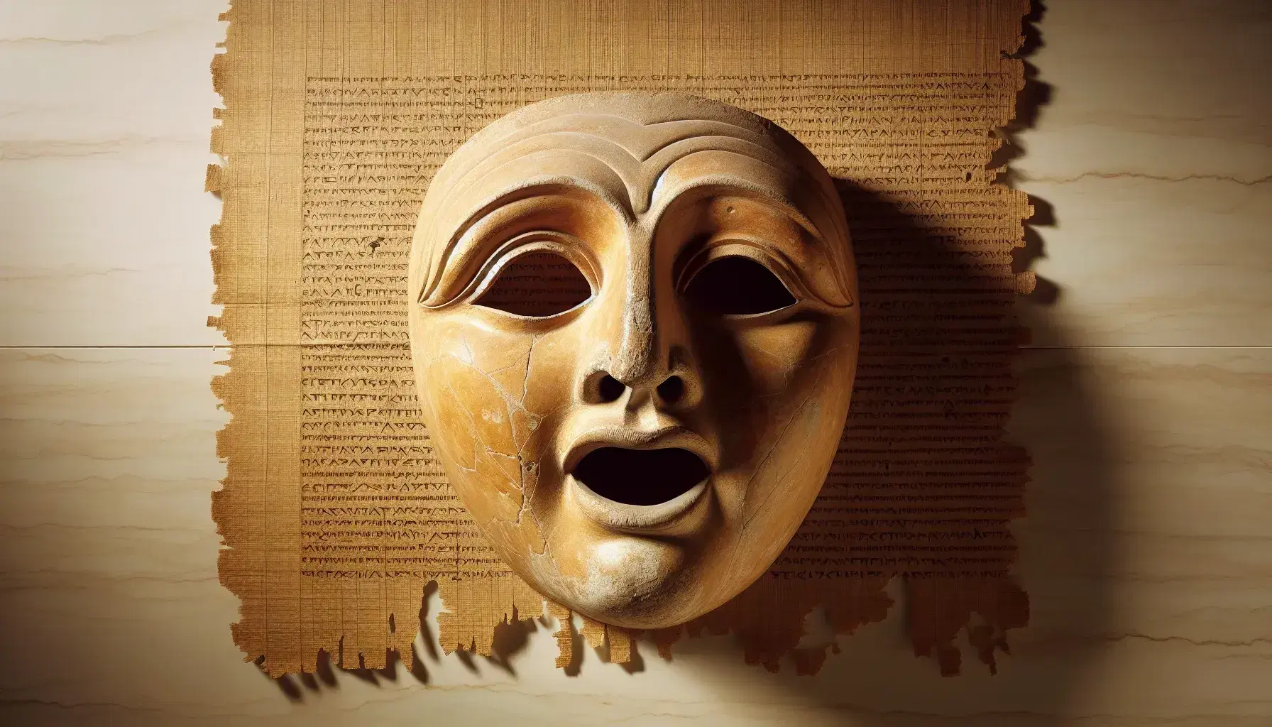 Maschera teatrale greca antica in terracotta con espressione sorpresa su papiro giallo-marrone, sfondo sfocato grigio.