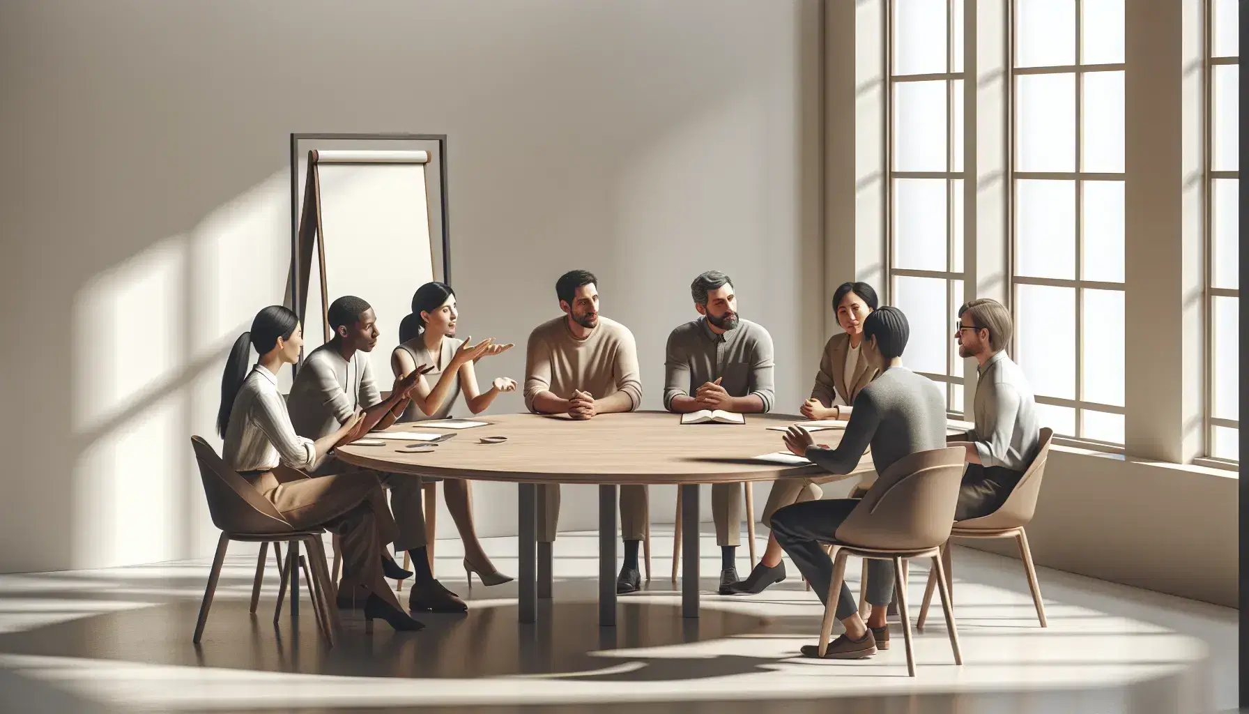 Grupo diverso de personas en animada discusión alrededor de una mesa redonda de madera, en una sala iluminada naturalmente sin distracciones tecnológicas.