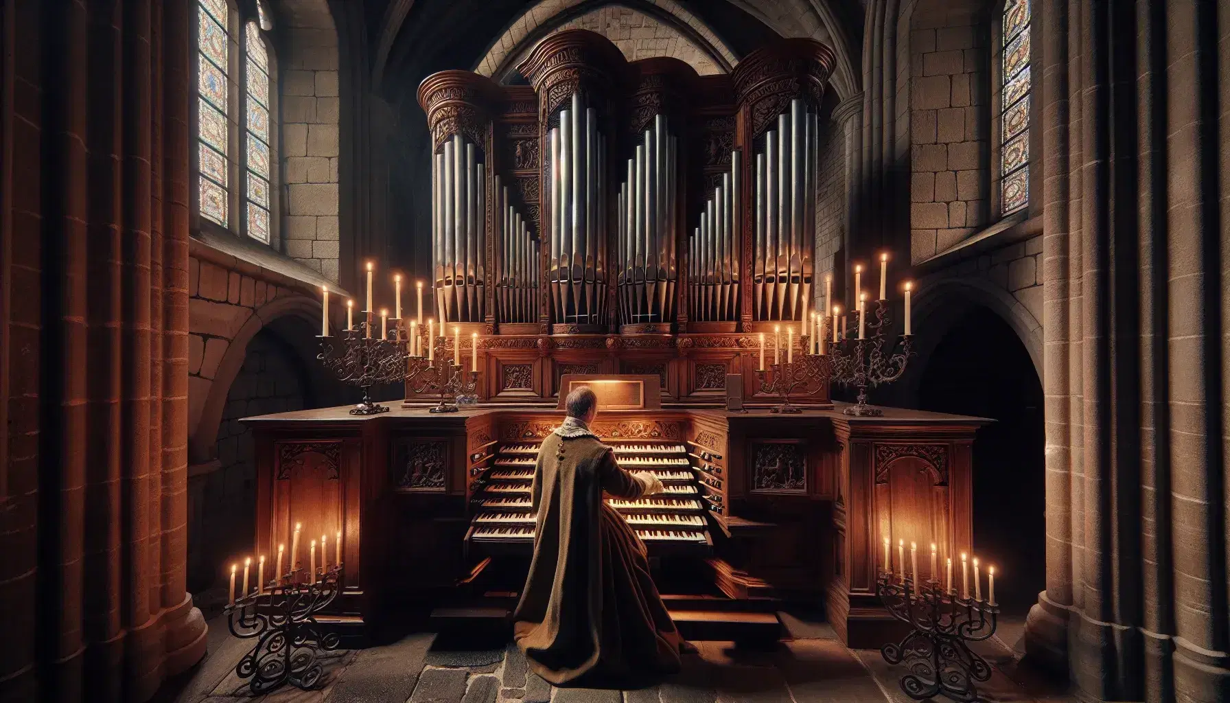 Órgano de iglesia antiguo de madera tallada con tubos metálicos y vitrales, iluminado por candelabros y un organista en atuendo de época tocando.