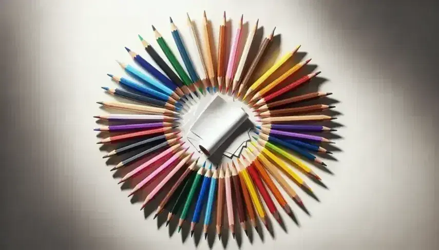 Matite colorate affilate disposte a cerchio con punte verso il centro su sfondo bianco, accanto a foglio piegato.