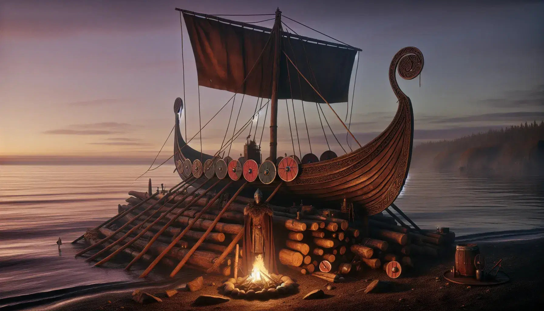 Serene dusk scene with a Viking longship on shore, shields aligned, a figure on a pyre, surrounded by calm waters and a silhouetted pine forest.