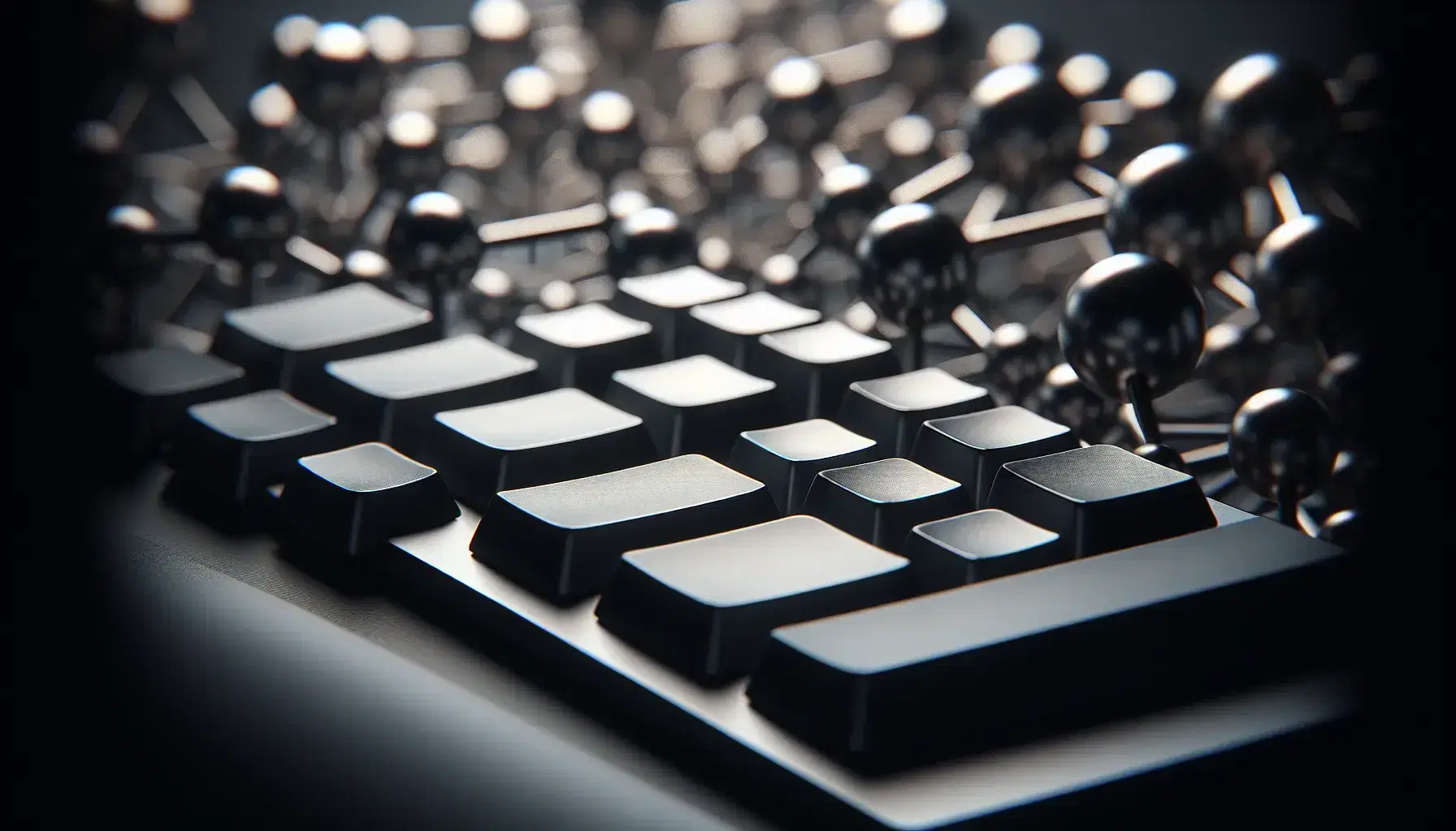 Close-up view of a modern matte black keyboard with soft white backlighting and a blurred metallic lattice structure in the background.