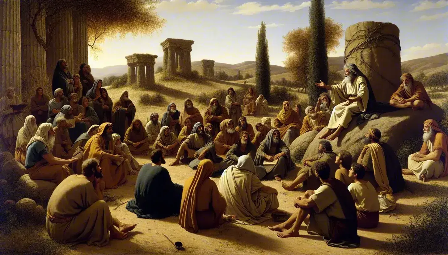 Grupo de personas atentas escuchando a un narrador que gesticula sentado en una elevación, en un entorno antiguo con estructuras de piedra y un árbol frondoso.
