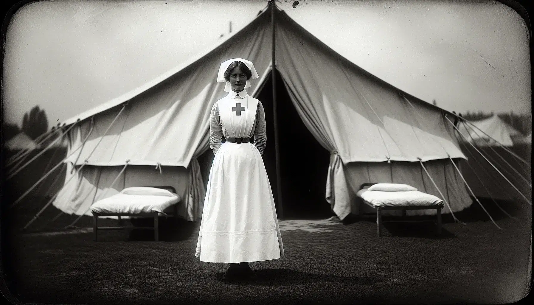Early 20th-century nurse in traditional uniform with Red Cross apron stands before a hospital tent in a grassy field, evoking historical medical care.
