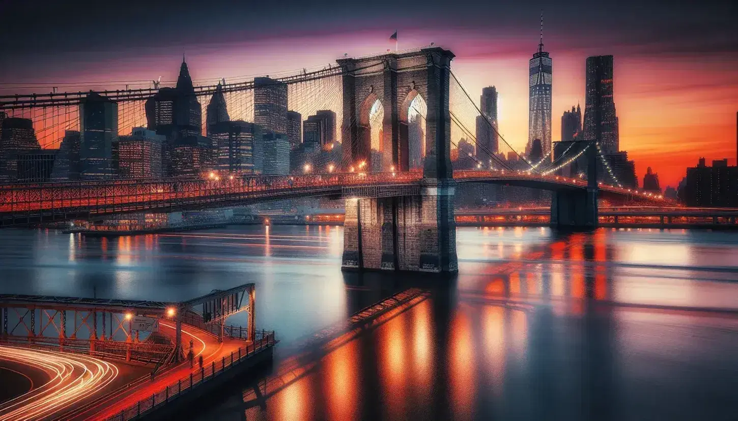 Brooklyn Bridge silhouetted against a sunset sky with orange to purple gradient, reflecting on the East River, with motion-blurred traffic and pedestrians.