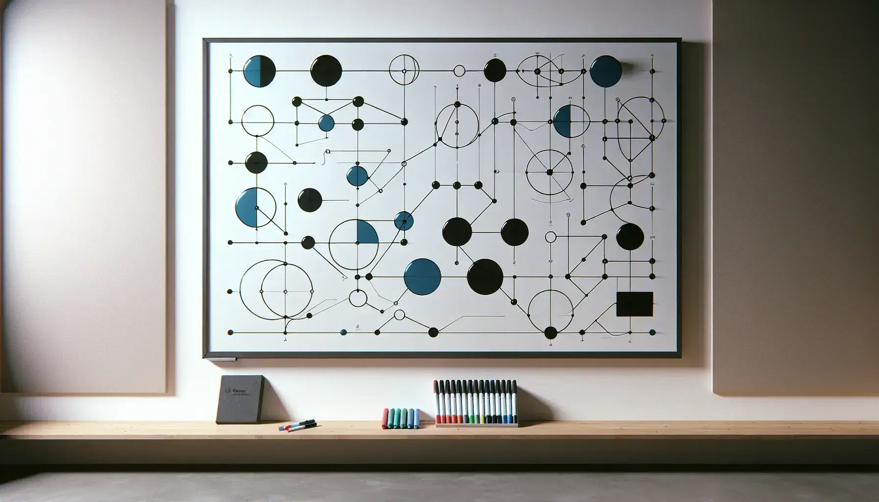 Pizarra blanca con figuras geométricas conectadas por líneas y estantes con marcadores de colores y borrador al lado.