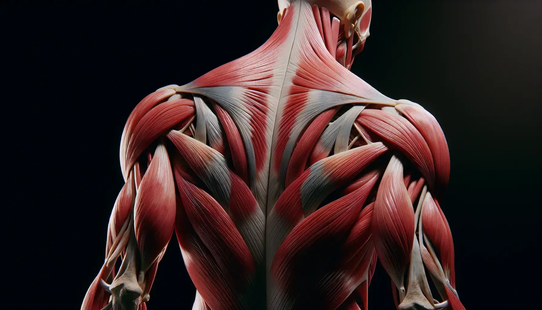 Modelo anatómico humano sin piel mostrando la musculatura dorsal detallada con músculos en tonos rojos y rosas, incluyendo trapecios, dorsales y brazos.