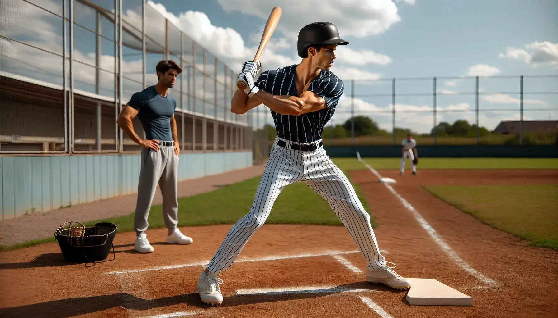 Joven jugador de béisbol en uniforme a rayas azules y blancas realizando un swing con bate de madera bajo la atenta mirada de un entrenador en un campo soleado.
