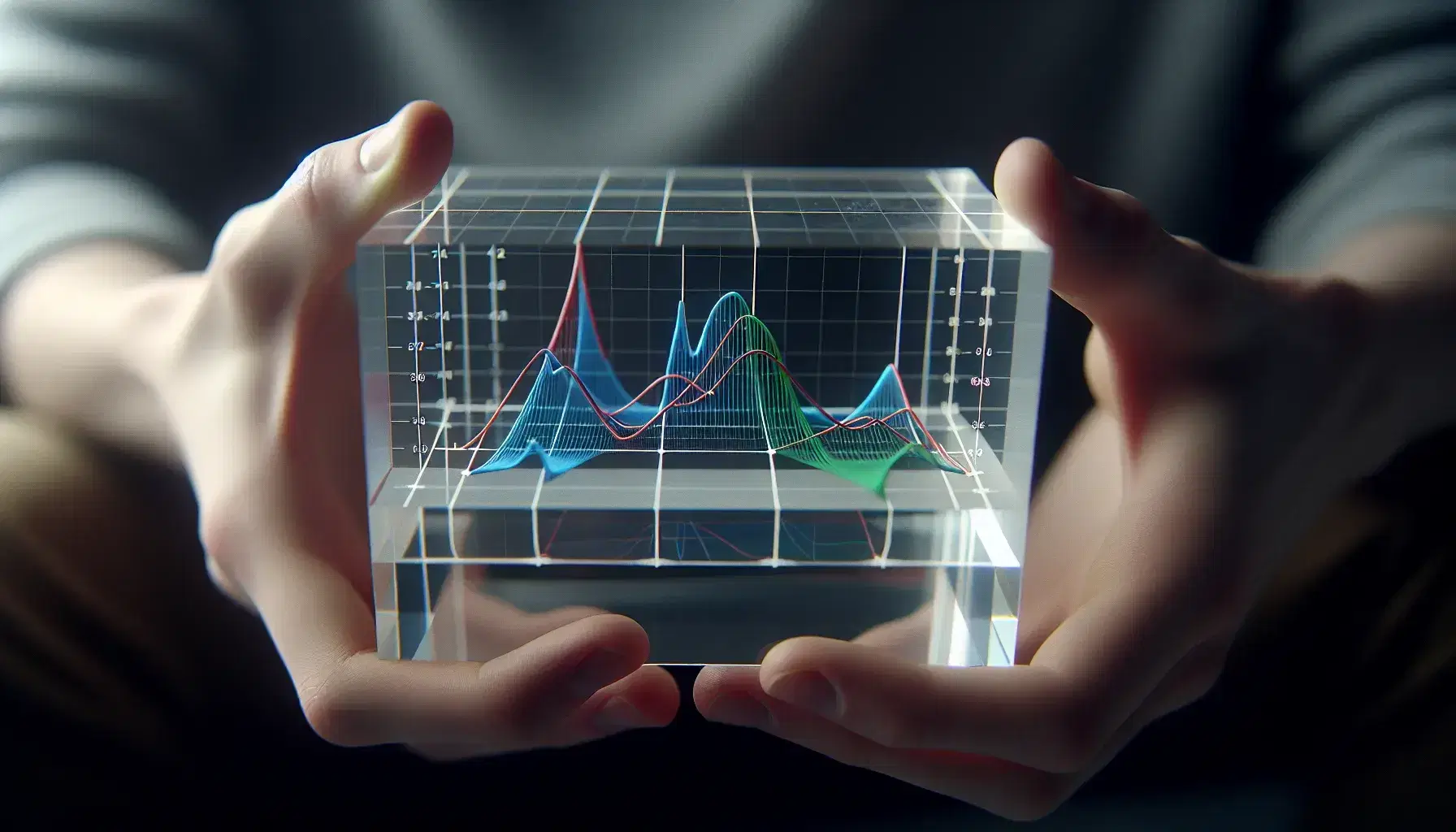 Hands holding a clear acrylic block with a 3D etched, color-coded piecewise linear graph, showcasing red, blue, and green segments against a blurred background.