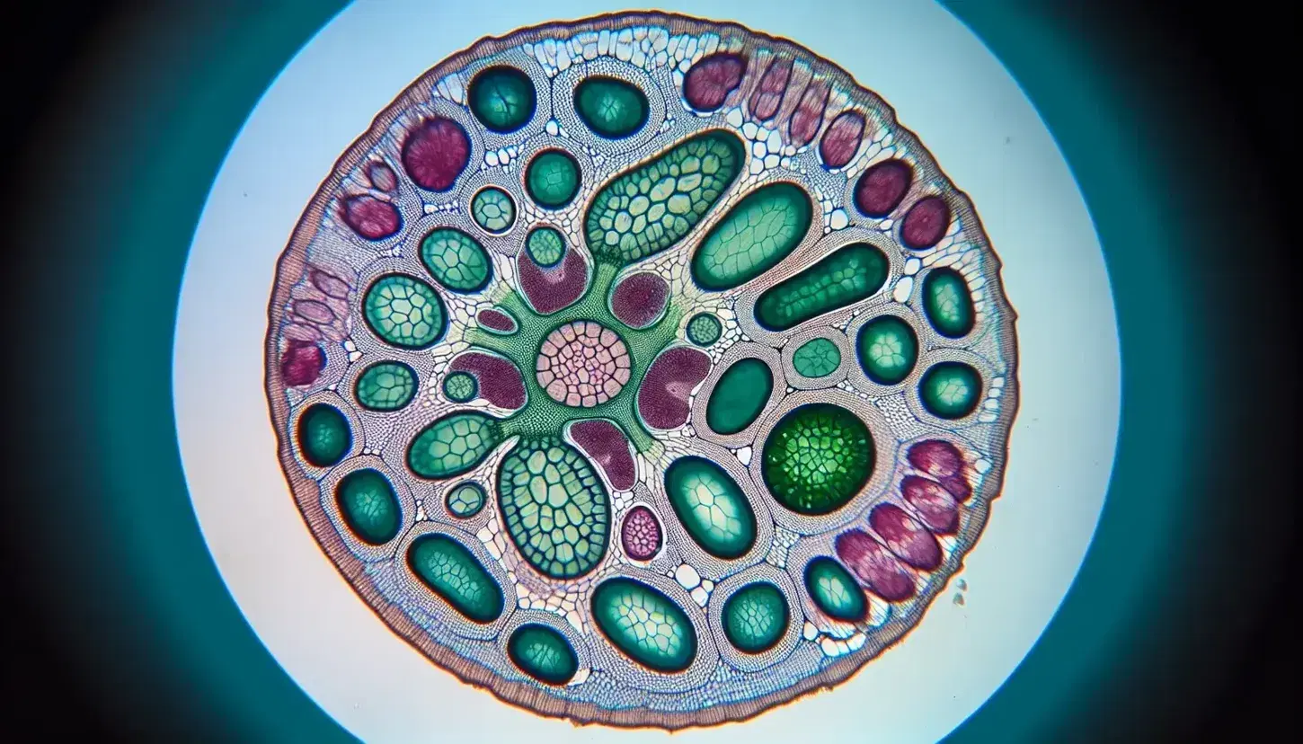 Cross-section of a plant stem under a microscope showing epidermis, cortex, vascular bundles with xylem and phloem, and central pith.