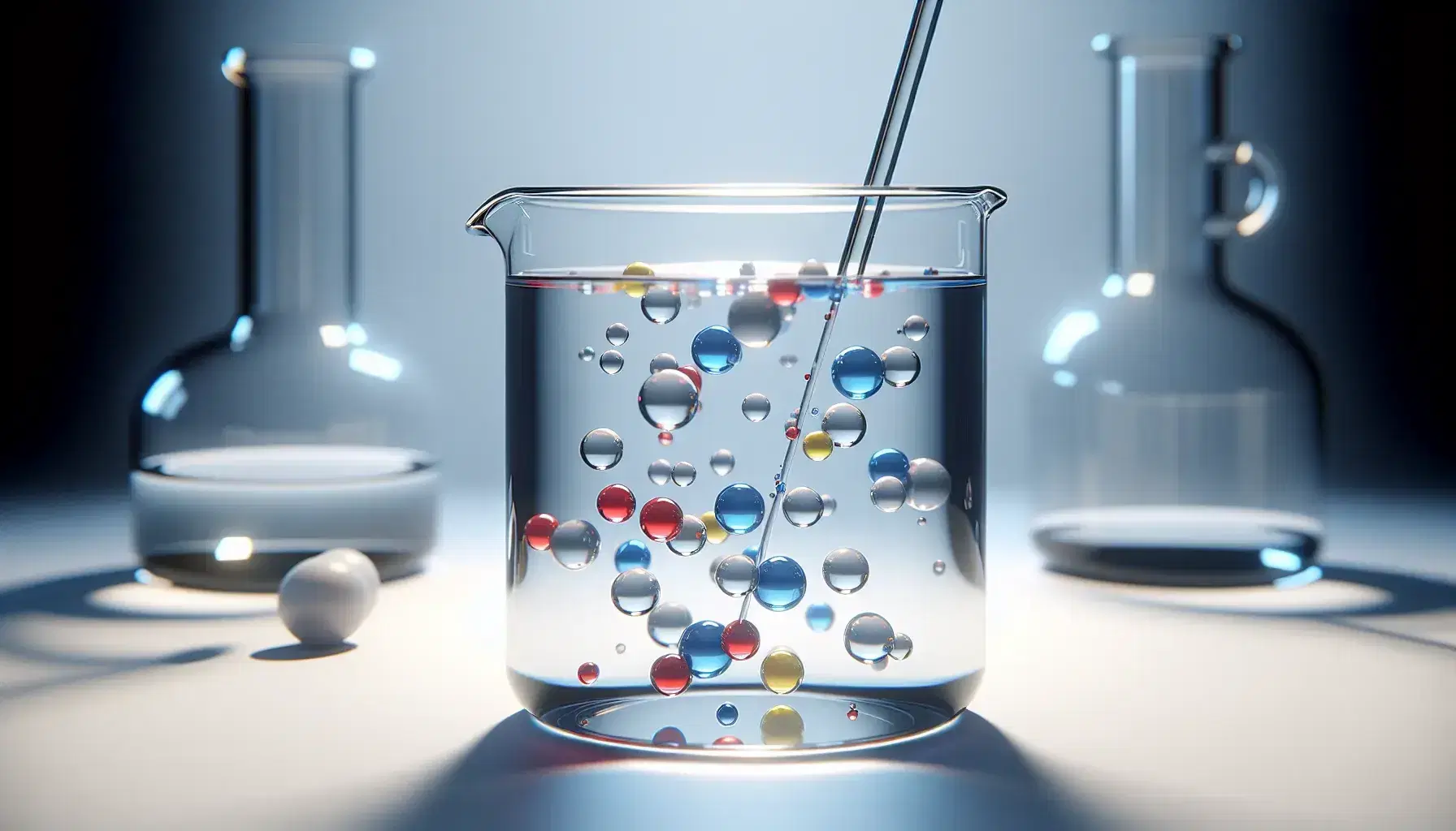 Glass beaker with transparent liquid and suspended colored spheres, stirring rod above, on blurred laboratory background.