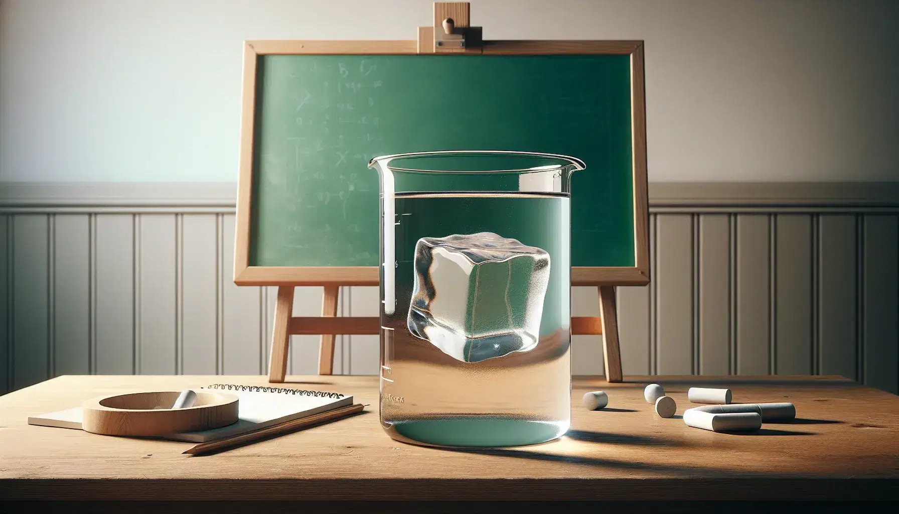 Transparent beaker with melting ice cube on wooden table, green chalkboard on easel, and stainless steel compass beside, in a softly lit room.