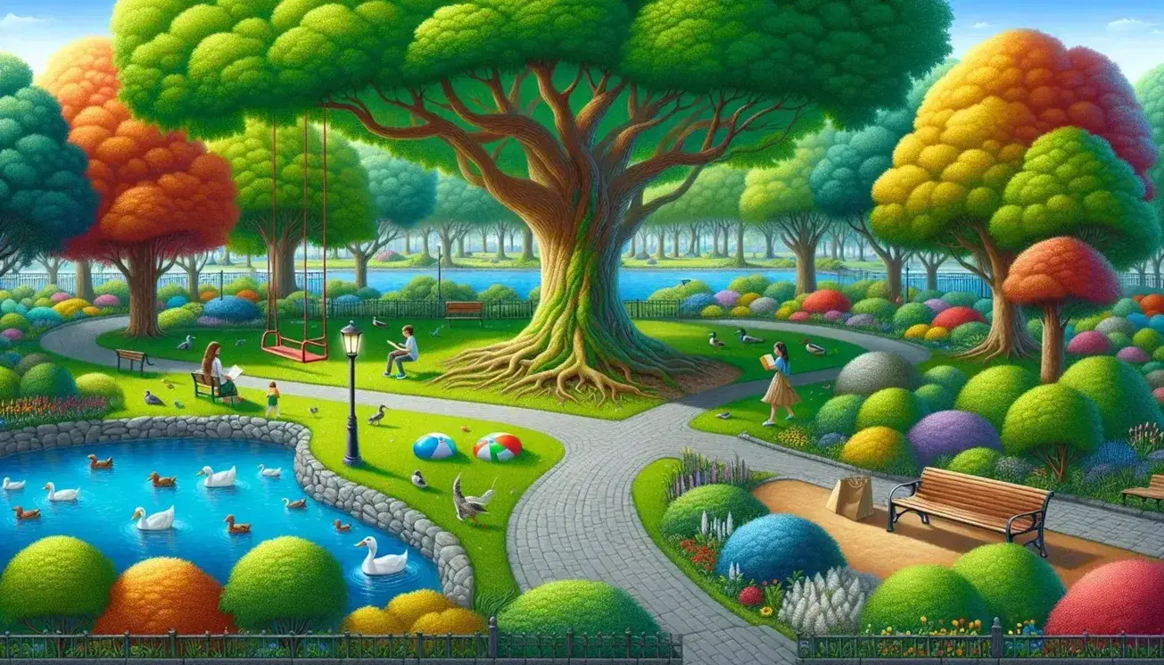 Parco cittadino con grande albero, bambini che giocano, anatra su stagno, donna legge su panchina, cielo sereno.