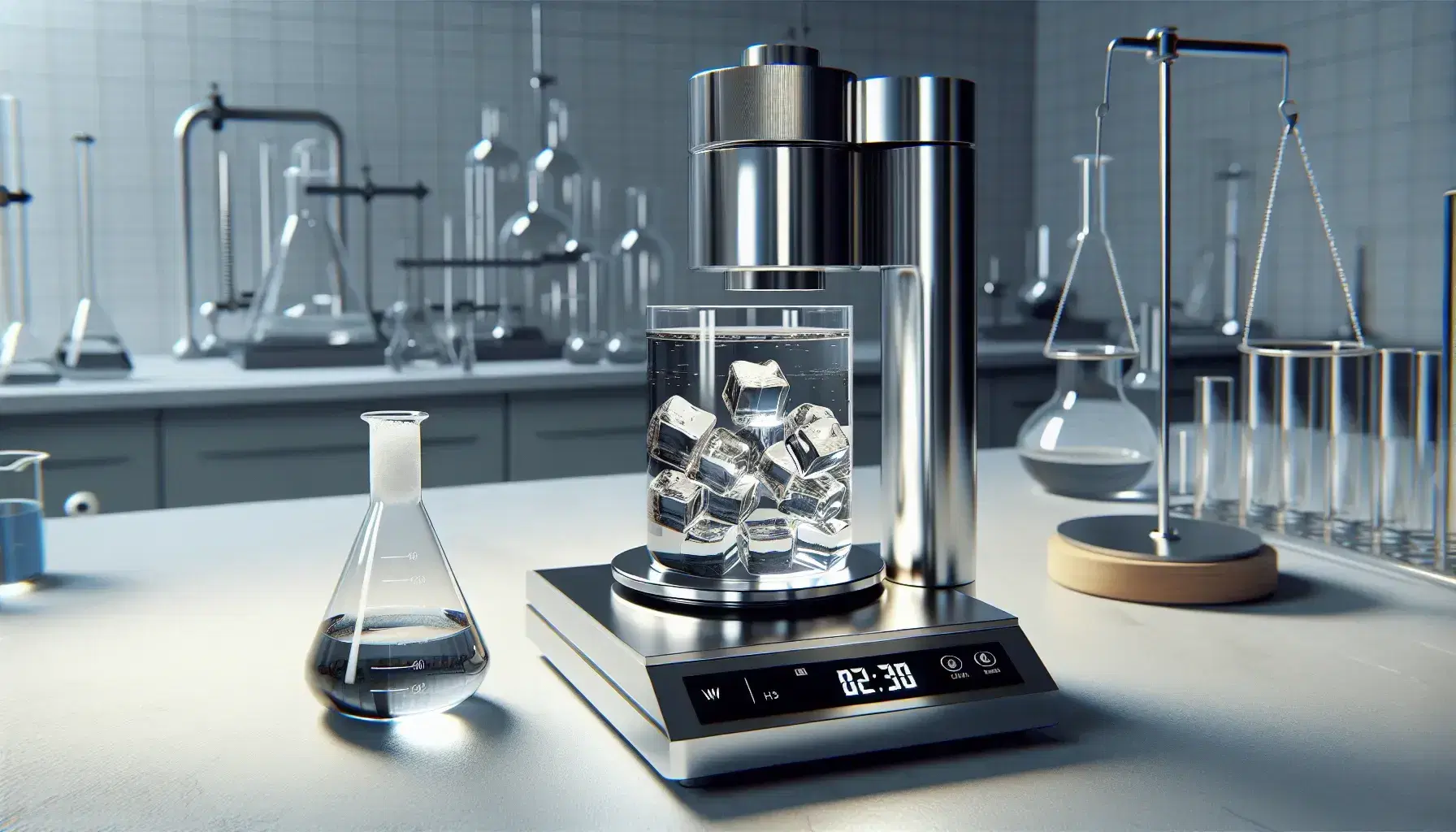 Laboratory with cylindrical metal calorimeter, beaker with water and ice on digital scale, chemical glassware on light bench.