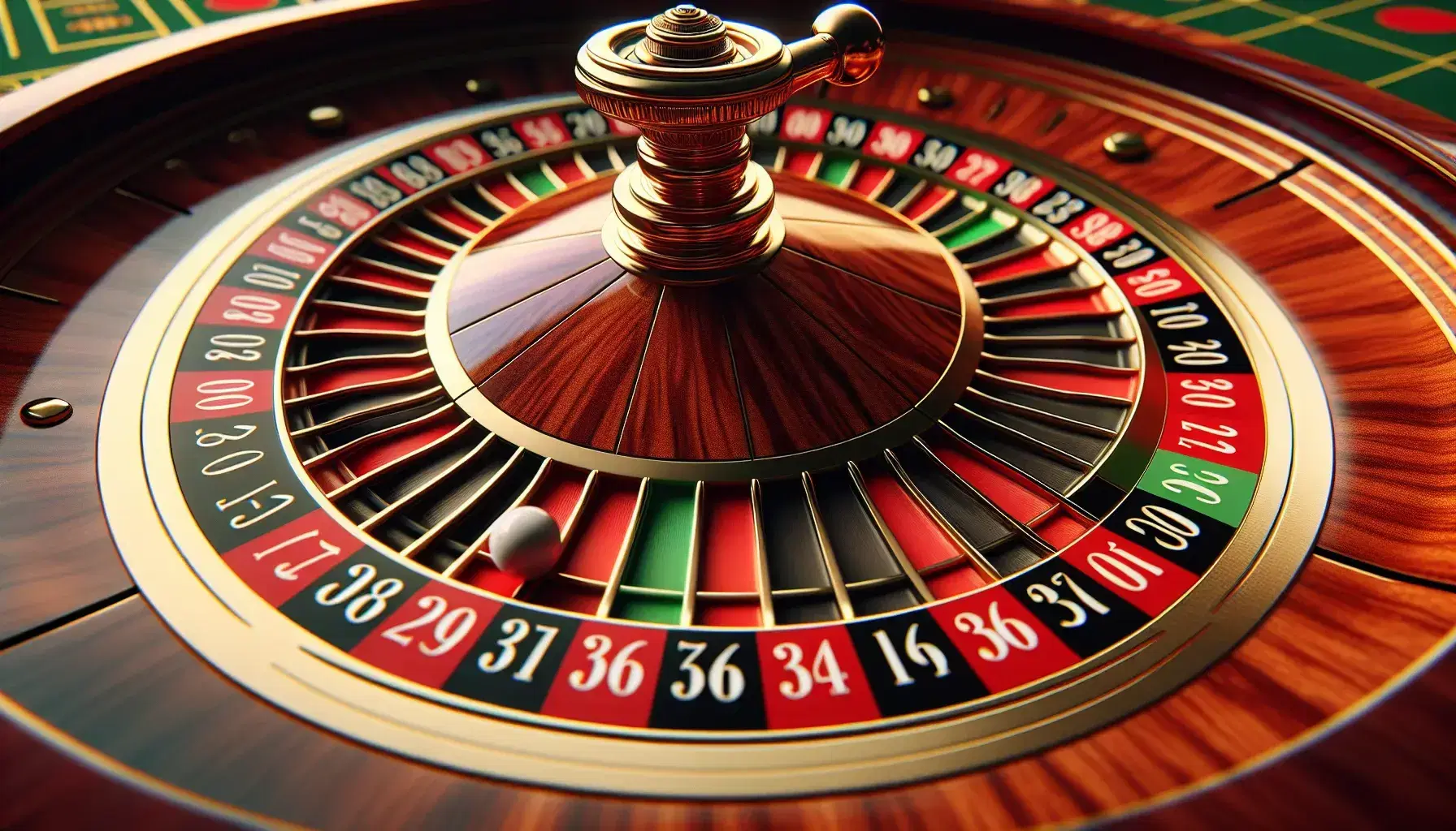 Close-up of a moving classic roulette wheel with blurry ball, alternating red and black sectors numbered and one or two green ones with 0 and 00.