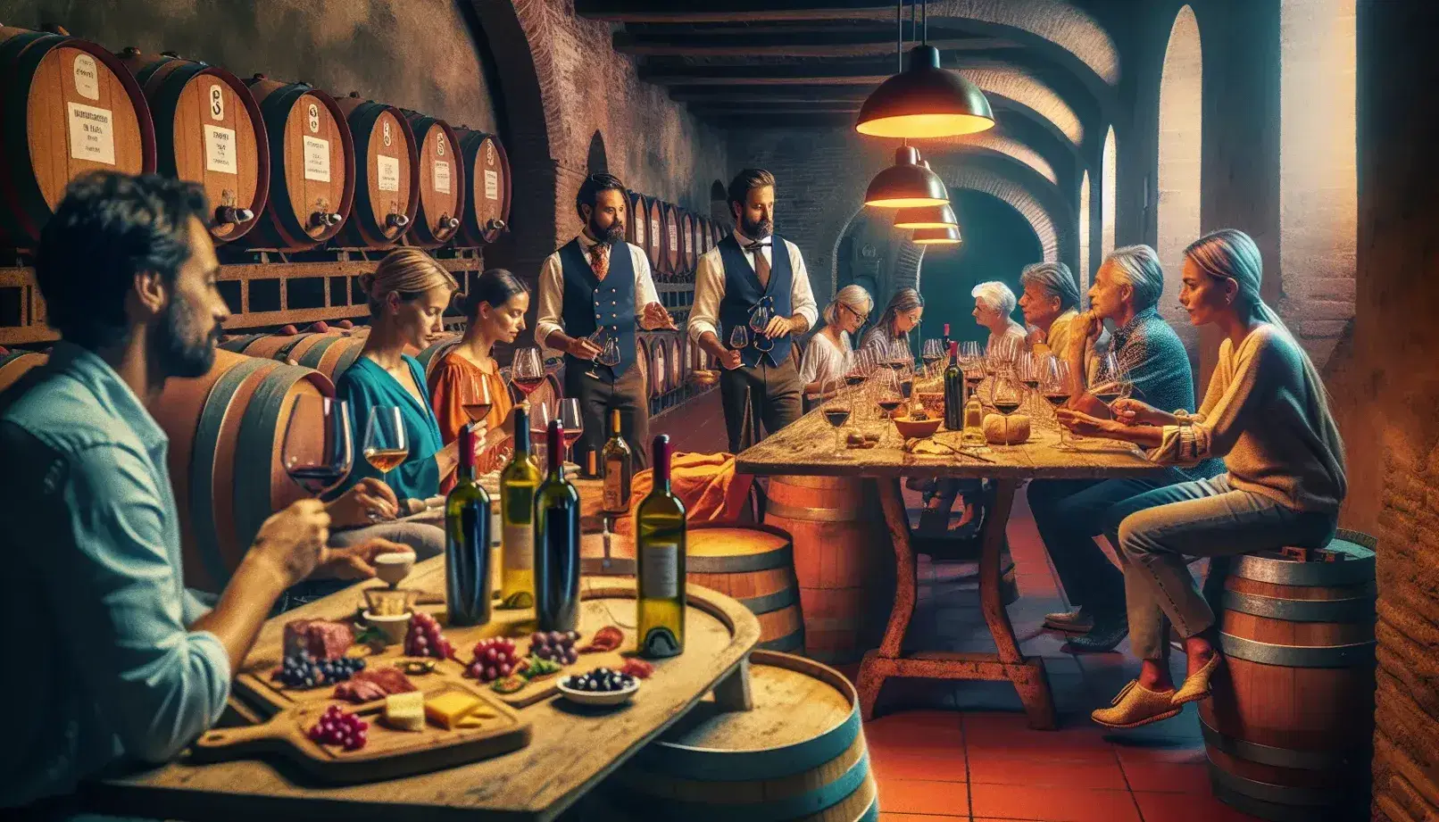 Degustazione vini in cantina italiana con sommelier e ospiti intorno a tavolo rustico, botti in sfondo, senza scritte visibili.