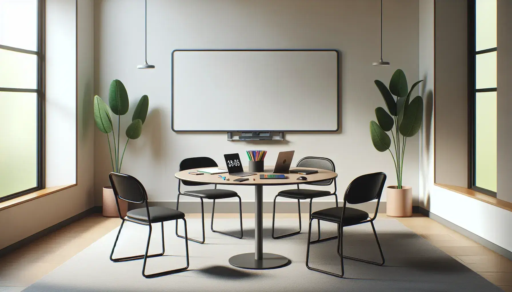 Modern classroom with a round table, chairs, laptop, tablet, papers, markers, a whiteboard, and a potted plant, bathed in natural light.